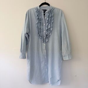 Vintage Ralph Lauren Light Chambray Tuxedo Ruffle Tunic Pockets Button front Sz8